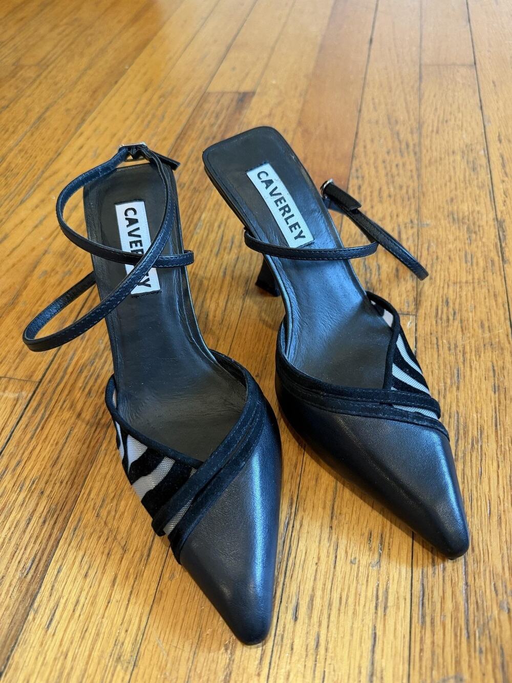 Caverley Shoes Womens Size 6 Black Zebra Slingback Strappy Pointed Toe Heels